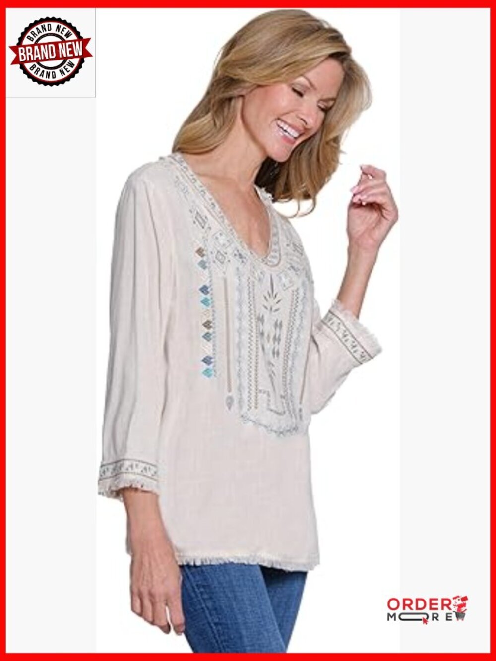Three Quarters Sleeve V-Neck Tunic Top Linen Rayon